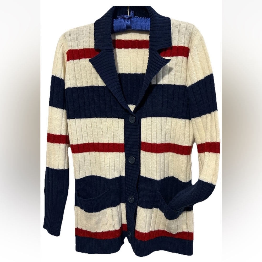 Vintage Kmart Sweater M Red White Blue Striped Button Down Pockets 70s Cardigan